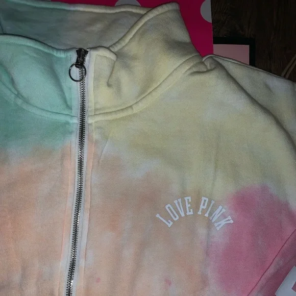 NEW VS PINK Pastel Tie Dye Quarter Zip Logo Varsity Sweatshirt. - Picture 8 of 11